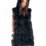 Gilet lungo in pelliccia di volpe nero 56 con cappuccio zip e pelle scamosciata 86 centimetri