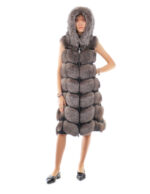 Gilet lungo 112 cm pelliccia di volpe argentata blue frost 48 con cappuccio zip e pelle scamosciata