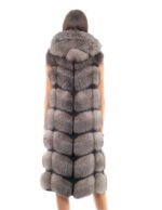Gilet lungo 112 cm pelliccia di volpe argentata blue frost 48 con cappuccio zip e pelle scamosciata