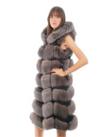 Gilet lungo 112 cm pelliccia di volpe argentata blue frost 48 con cappuccio zip e pelle scamosciata