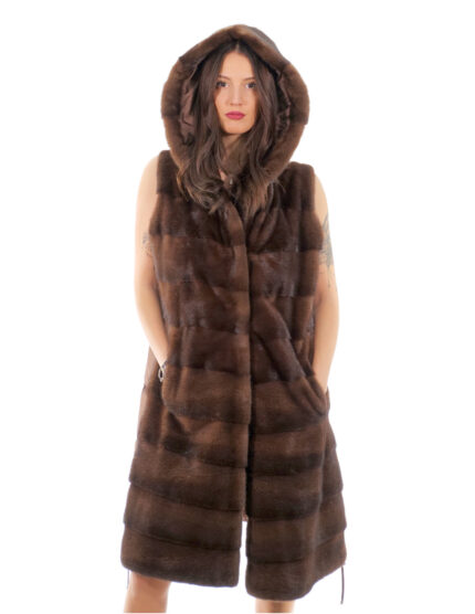 Gilet 94 cm scanbrown visone orizzontale e piumino 54 pelliccia cappuccio coulisse