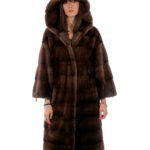 Cappotto 104 cm cappuccio scanbrown pelliccia 52 visone orizzontale coulisse fondo