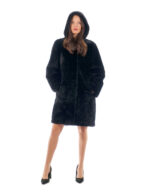 Lammfell Mantel 94cm Schwarz Schwarz Damen 56 Seitenschlitze Kapuze Knöpfe – Bild 5