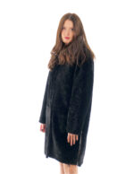 Lammfell Mantel 94cm Schwarz Schwarz Frauen 52 Seitenschlitze Kapuze Knöpfe – Bild 4