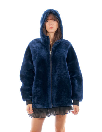 Montone cappotto 74 centimetri blu reversibile pelle 52 cappuccio chiusura zip donna