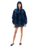 Montone cappotto 74 centimetri blu reversibile pelle 54 cappuccio chiusura zip donna