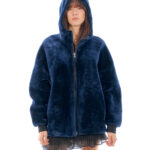 Montone cappotto 74 centimetri blu reversibile pelle 54 cappuccio chiusura zip donna