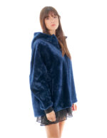 Montone cappotto 74 centimetri blu reversibile pelle 52 cappuccio chiusura zip donna