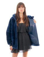Montone cappotto 74 centimetri blu reversibile pelle 52 cappuccio chiusura zip donna