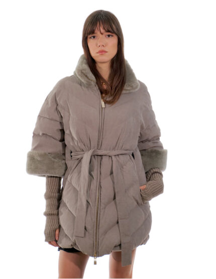 Cappotto piumino mezza manica grigio 52 con manicotti in lana in tessuto tecnico esterno pelliccia rex