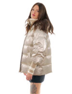Champagne silver down jacket 44 with collar and cuffs wool elastic detachable hood with buttons - Image 4