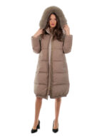 Cappotto tessuto tecnico piumino 106 centimetri grigio 46 con cappuccio staccabile pelliccia volpe bordo