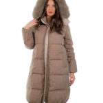 Cappotto tessuto tecnico piumino 106 centimetri grigio 46 con cappuccio staccabile pelliccia volpe bordo