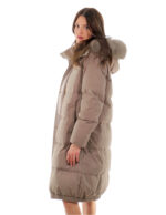 Cappotto tessuto tecnico piumino 106 centimetri grigio 46 con cappuccio staccabile pelliccia volpe bordo