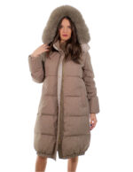 Cappotto tessuto tecnico piumino 106 centimetri grigio 54 con cappuccio staccabile pelliccia volpe bordo