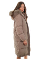 Cappotto tessuto tecnico piumino 106 centimetri grigio 50 con cappuccio staccabile pelliccia volpe bordo