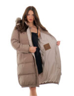 Cappotto tessuto tecnico piumino 106 centimetri grigio 54 con cappuccio staccabile pelliccia volpe bordo