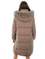 Cappotto tessuto tecnico piumino 106 centimetri grigio 46 con cappuccio staccabile pelliccia volpe bordo