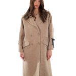 Cappotto cashmere e lana 48 beige 110 centimetri lungo manica lunga con nastrini neri a stringere manica