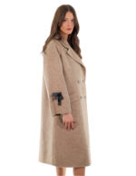 Cappotto cashmere e lana 52 beige 110 centimetri lungo manica lunga con nastrini neri a stringere manica