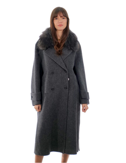 Cappotto cashmere e lana 52 antracite collo pelliccia volpe sciallato e cintura cappotto 120 centimetri