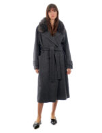 Cappotto cashmere e lana 48 antracite collo pelliccia volpe sciallato e cintura cappotto 120 centimetri