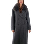 Cappotto cashmere e lana 48 antracite collo pelliccia volpe sciallato e cintura cappotto 120 centimetri