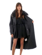 Cappotto cashmere e lana 50 antracite collo pelliccia volpe sciallato e cintura cappotto 120 centimetri