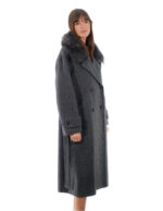 Cappotto cashmere e lana 46 antracite collo pelliccia volpe sciallato e cintura cappotto 120 centimetri