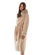 Cappotto cashmere e lana 46 beige collo pelliccia volpe sciallato e cintura cappotto 120 centimetri