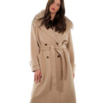 Cappotto cashmere e lana 48 beige collo pelliccia volpe sciallato e cintura cappotto 120 centimetri