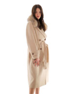 Cappotto cashmere e lana 48 beige collo pelliccia volpe sciallato e cintura cappotto 120 centimetri