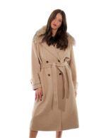 Cappotto cashmere e lana 50 beige collo pelliccia volpe sciallato e cintura cappotto 120 centimetri