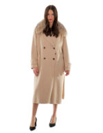 Cappotto cashmere e lana 48 beige collo pelliccia volpe sciallato e cintura cappotto 120 centimetri