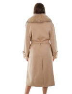 Cappotto cashmere e lana 46 beige collo pelliccia volpe sciallato e cintura cappotto 120 centimetri