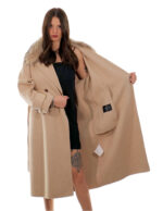 Cappotto cashmere e lana 48 beige collo pelliccia volpe sciallato e cintura cappotto 120 centimetri