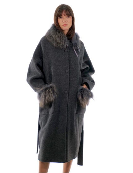 Cappotto cashmere e lana grigio antracite 52 collo e tasche con pelliccia di volpe staccabile lungo 116 centimetri