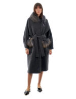 Cappotto cashmere e lana grigio antracite 48 collo e tasche con pelliccia di volpe staccabile lungo 116 centimetri