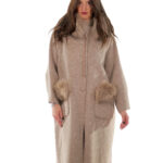 Cappotto cashmere e lana beige 50 collo e tasche con pelliccia di volpe staccabile lungo 116 centimetri