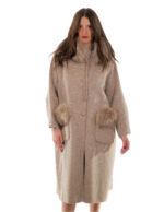 Cappotto cashmere e lana beige 52 collo e tasche con pelliccia di volpe staccabile lungo 116 centimetri