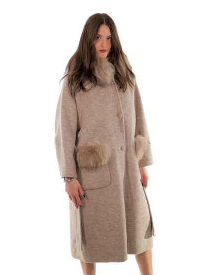 Cappotto cashmere e lana beige 52 collo e tasche con pelliccia di volpe staccabile lungo 116 centimetri