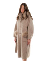 Cappotto cashmere e lana beige 52 collo e tasche con pelliccia di volpe staccabile lungo 116 centimetri