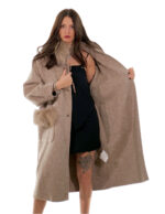 Cappotto cashmere e lana beige 52 collo e tasche con pelliccia di volpe staccabile lungo 116 centimetri