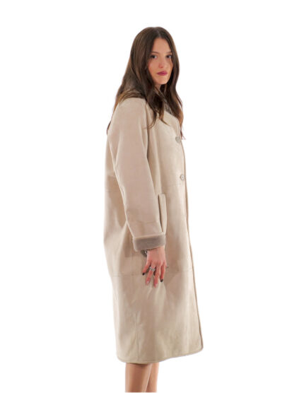 Cappotto 114 centimetri montone tortora beige 48 manica lunga reversibile chiusura bottoni