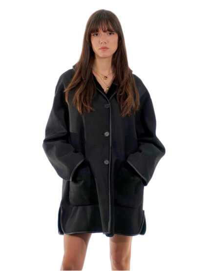 Cappotto 82 centimetri 52 montone nero collo sciallato pelliccia manica lunga tasche boccale