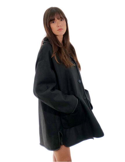 Cappotto 82 centimetri 52 montone nero collo sciallato pelliccia manica lunga tasche boccale