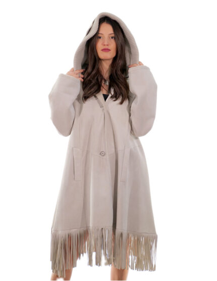 Cappotto con frange 82 centimetri 48 montone perla beige cappuccio pelliccia manica lunga tasche esterne