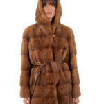 Cappotto 78cm gold oro 50 visone orizzontale cappuccio bottone collo manica lunga tasca esterna