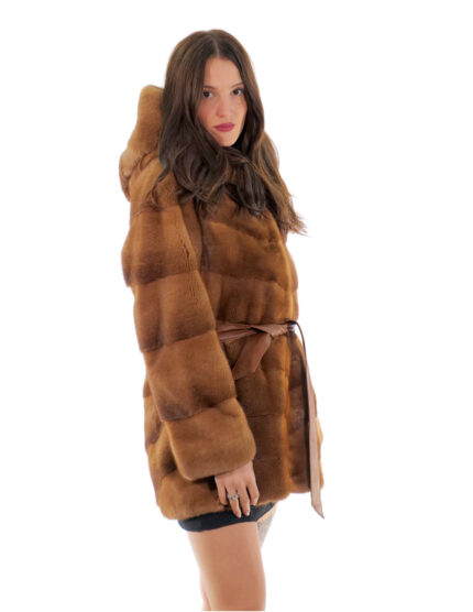 Cappotto 82cm gold oro 56 visone orizzontale cappuccio bottone collo manica lunga tasca esterna