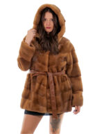 Coat 82cm gold gold 56 horizontal mink hood button collar long sleeve external pocket